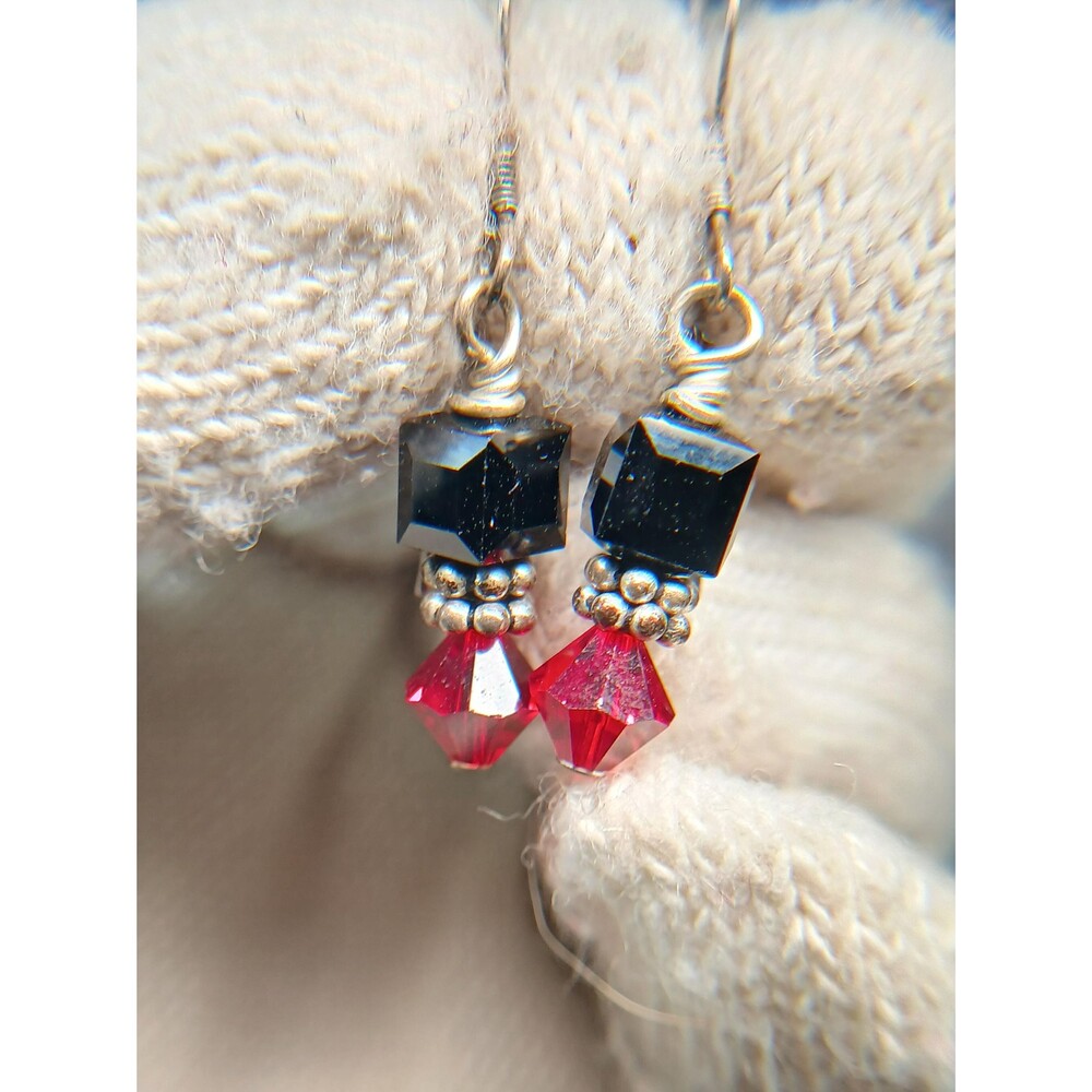 Sterling Silver Black Red Crystal Bead Dangle Earrings - Picture 1 of 16